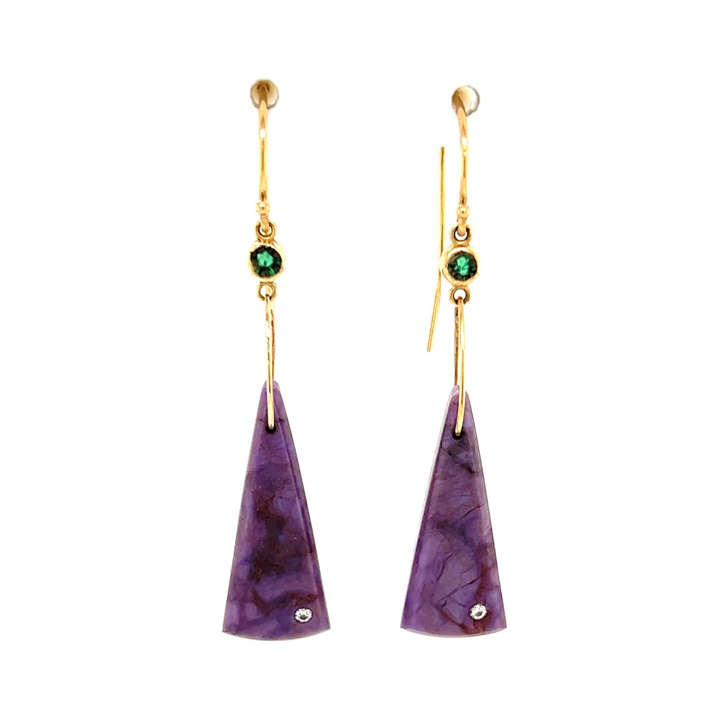 Purple Jade, Trapiche Emerald, and Diamond Gold Earrings