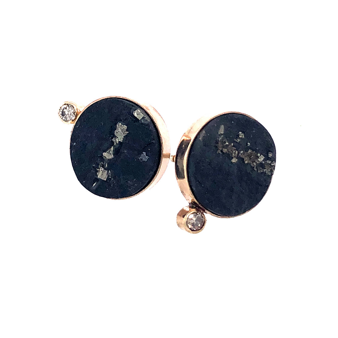 Pyrite in Schist, Diamond Gold Stud Earrings