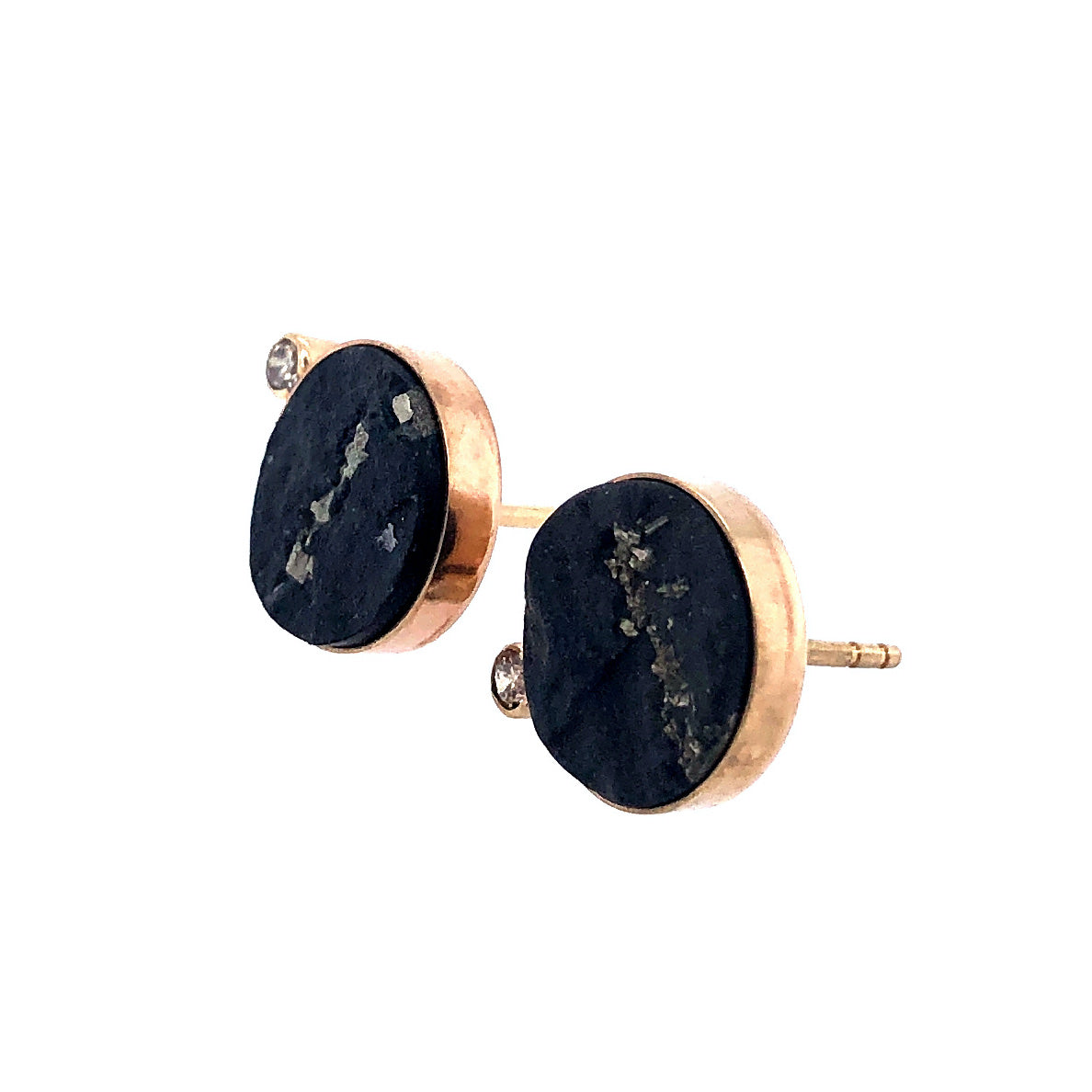 Pyrite in Schist, Diamond Gold Stud Earrings