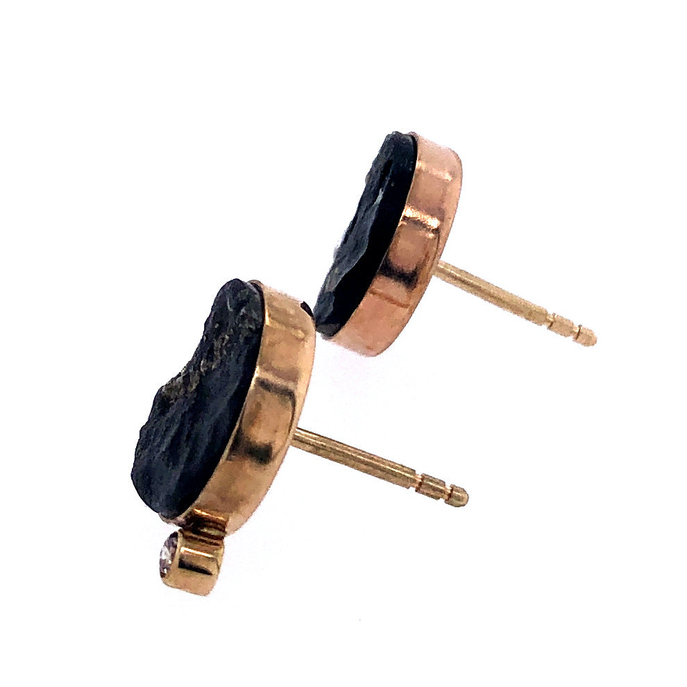 Pyrite in Schist, Diamond Gold Stud Earrings
