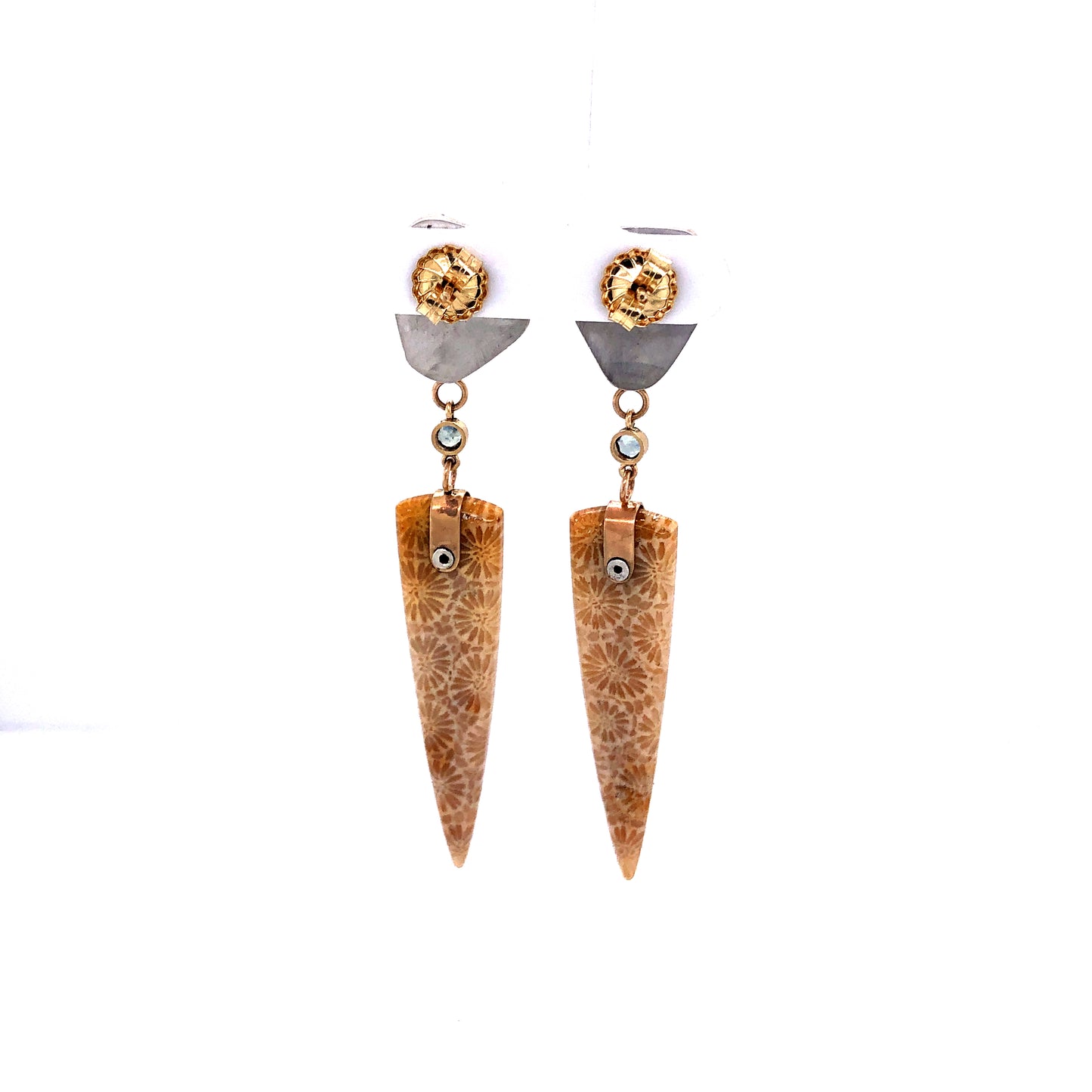 Raw and Montana Sapphire, Agatized Coral Gold Earrings