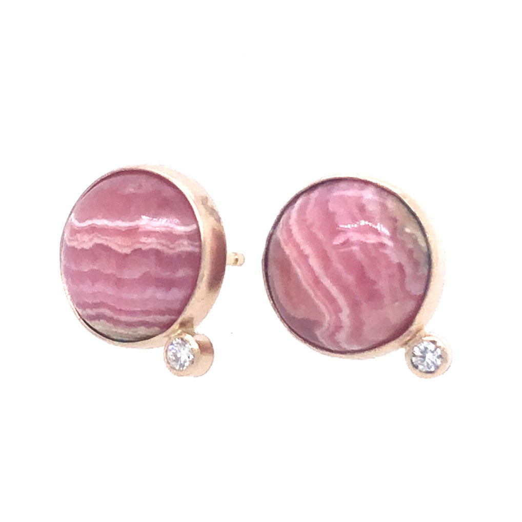 Rhodochrosite and Diamond Gold Stud Earrings