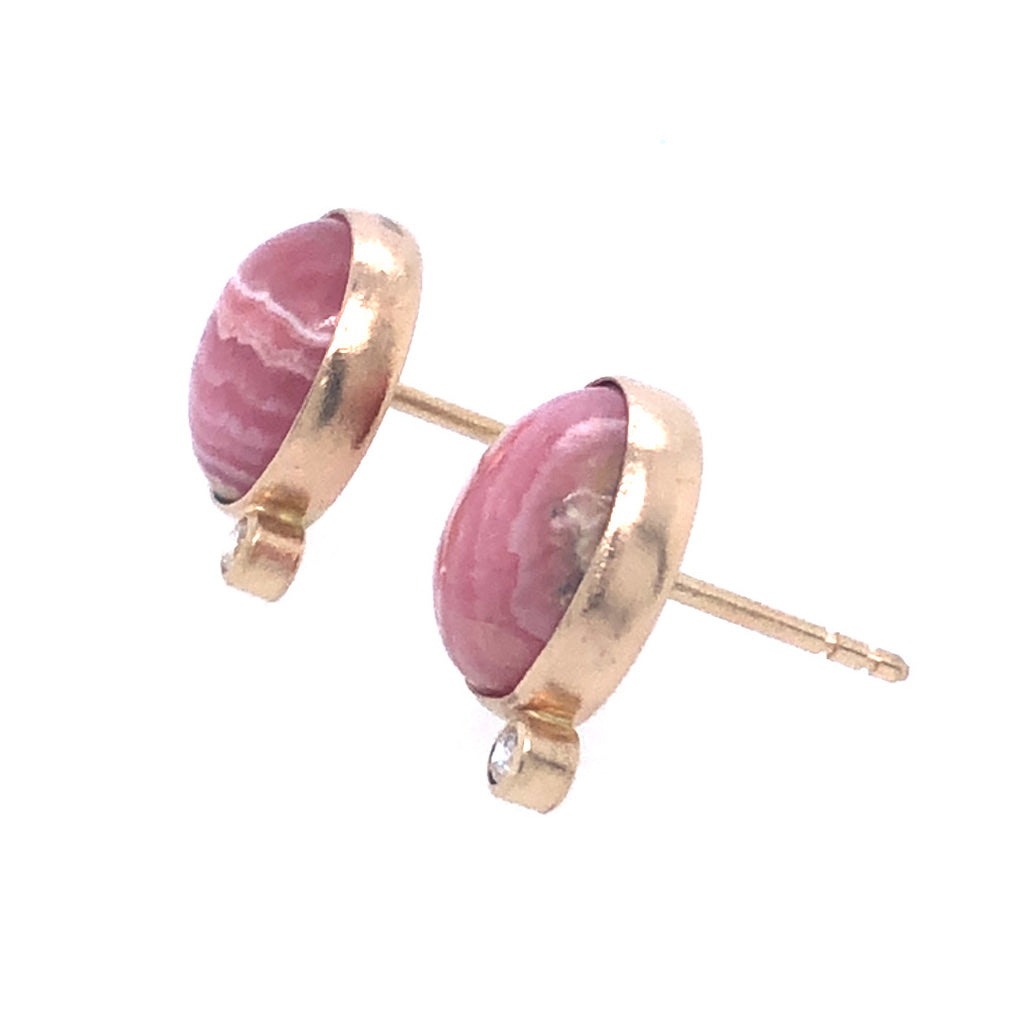 Rhodochrosite and Diamond Gold Stud Earrings