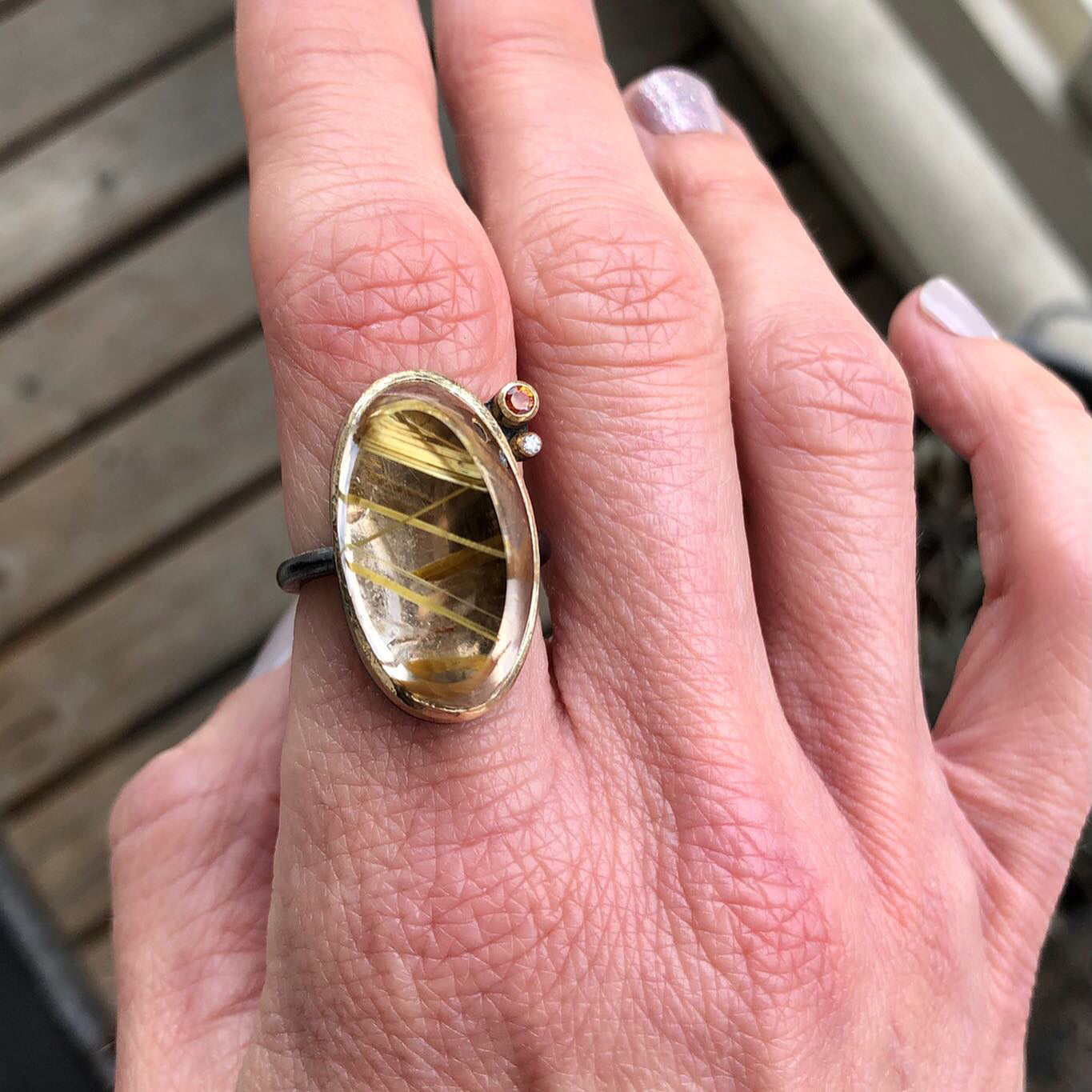 Rutilated Quartz, Sapphire, and Diamond Gold Ring