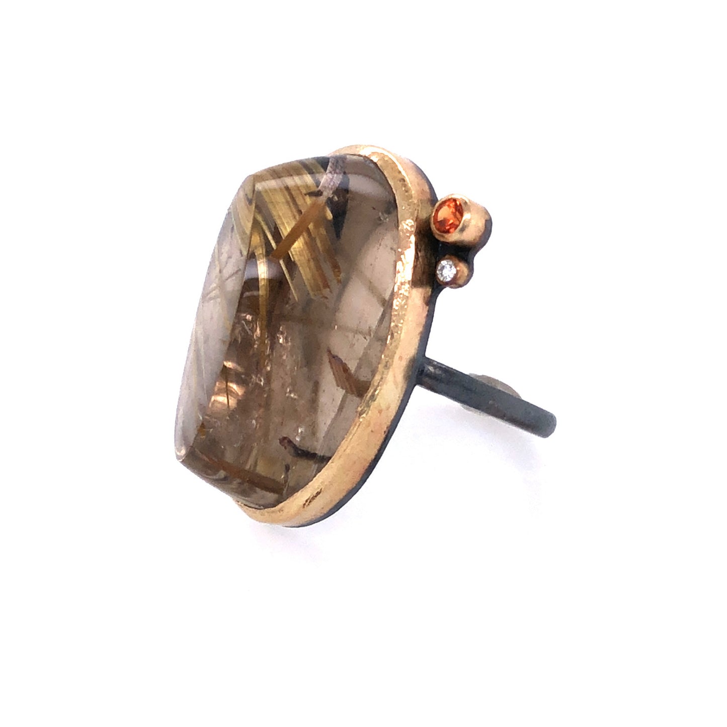 Rutilated Quartz, Sapphire, and Diamond Gold Ring
