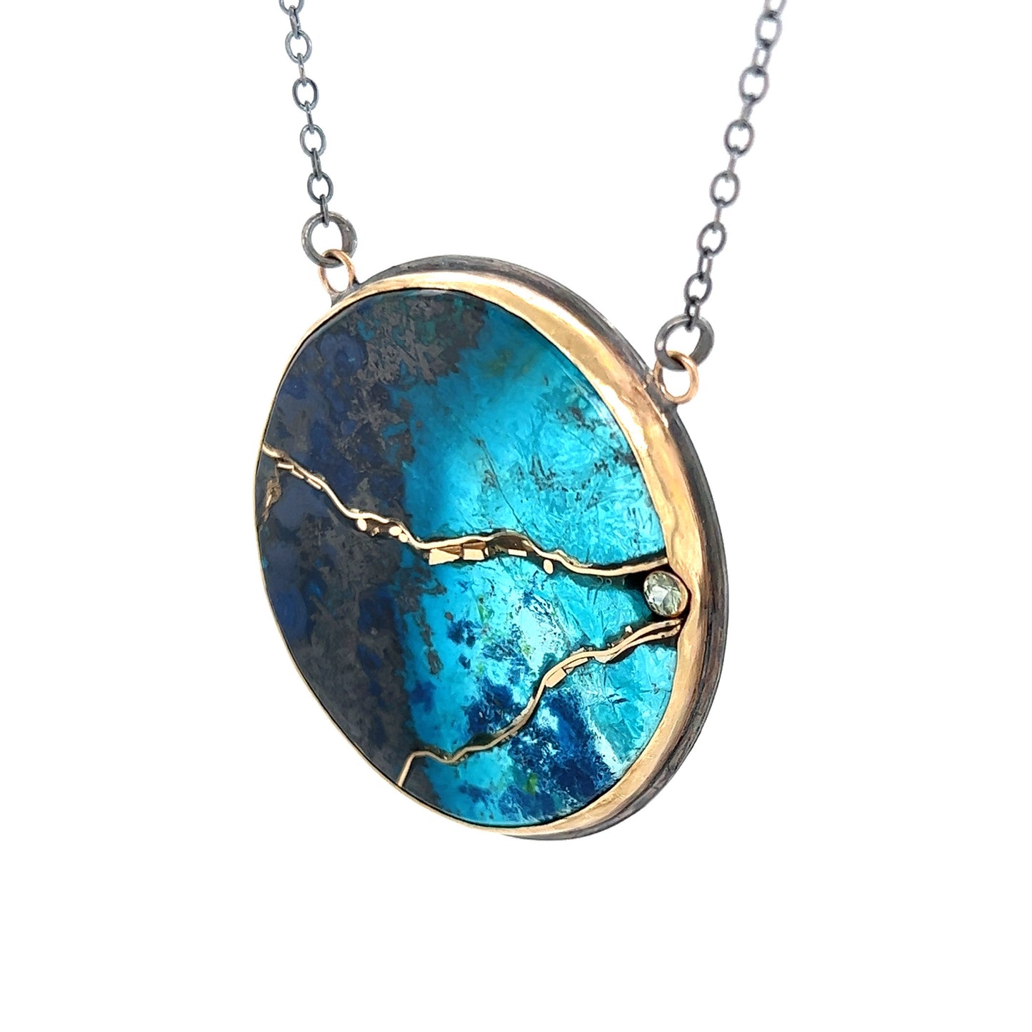 Shattuckite and Montana Sapphire Gold Kintsugi Necklace