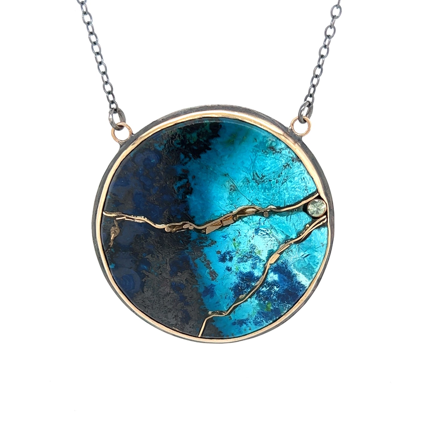 Shattuckite and Montana Sapphire Gold Kintsugi Necklace