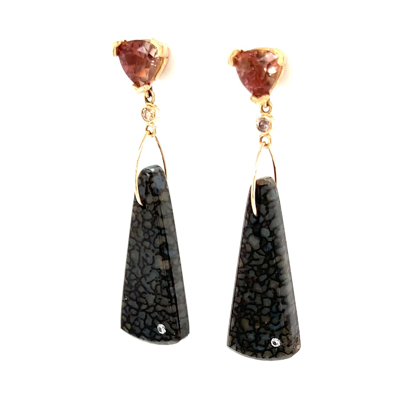 Sunstone, Dinosaur Bone, and Diamond Gold Earrings (custom order)