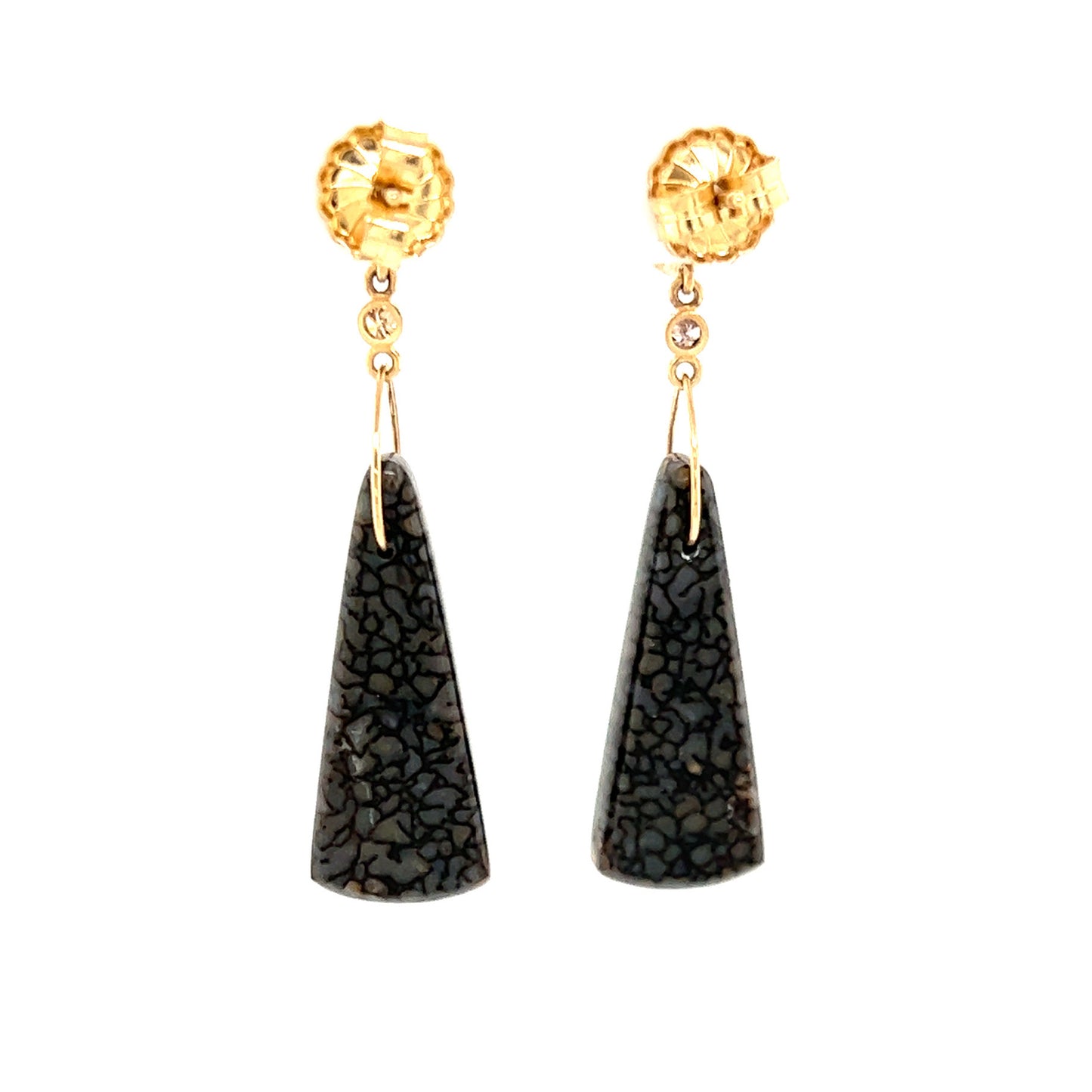 Sunstone, Dinosaur Bone, and Diamond Gold Earrings (custom order)