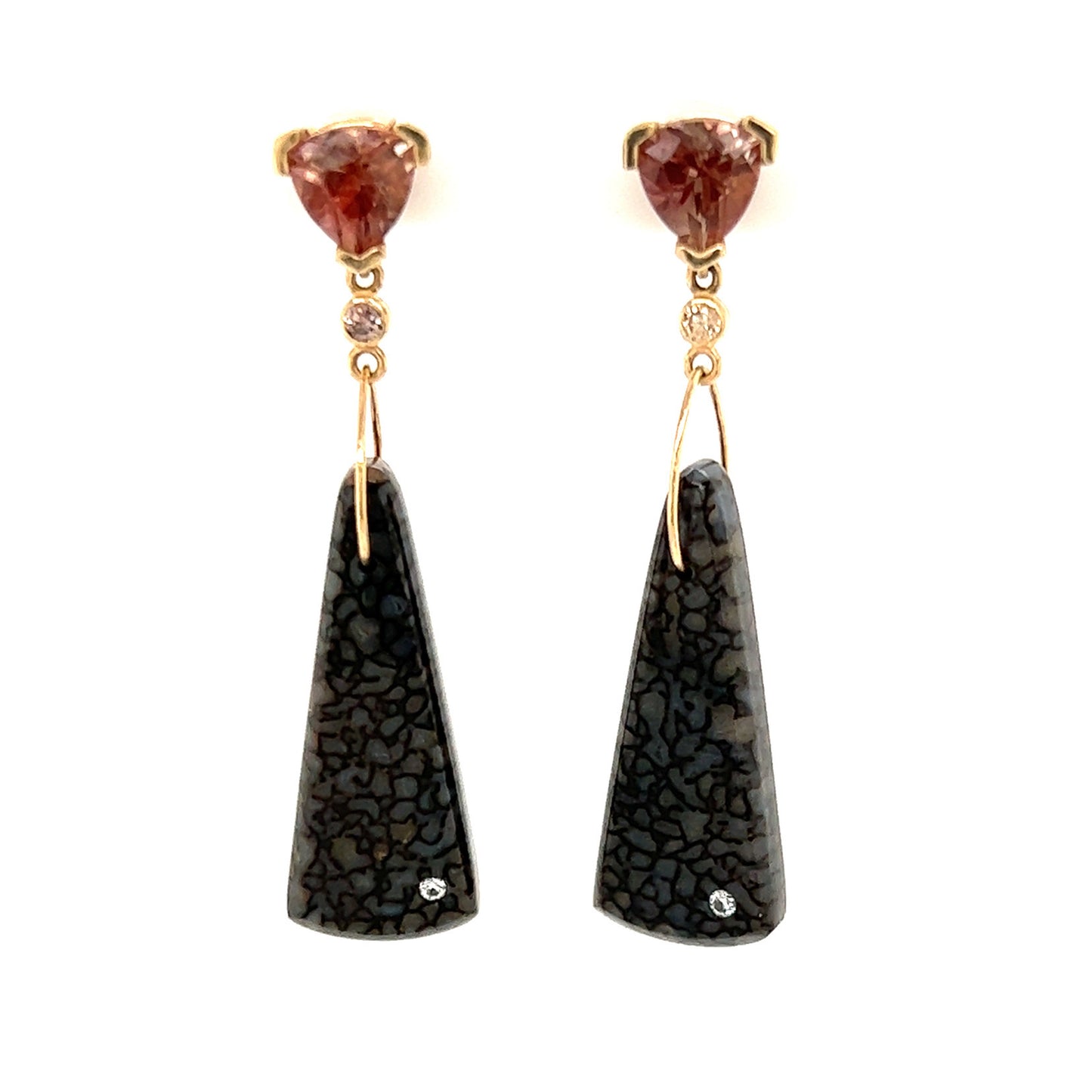 Sunstone, Dinosaur Bone, and Diamond Gold Earrings (custom order)