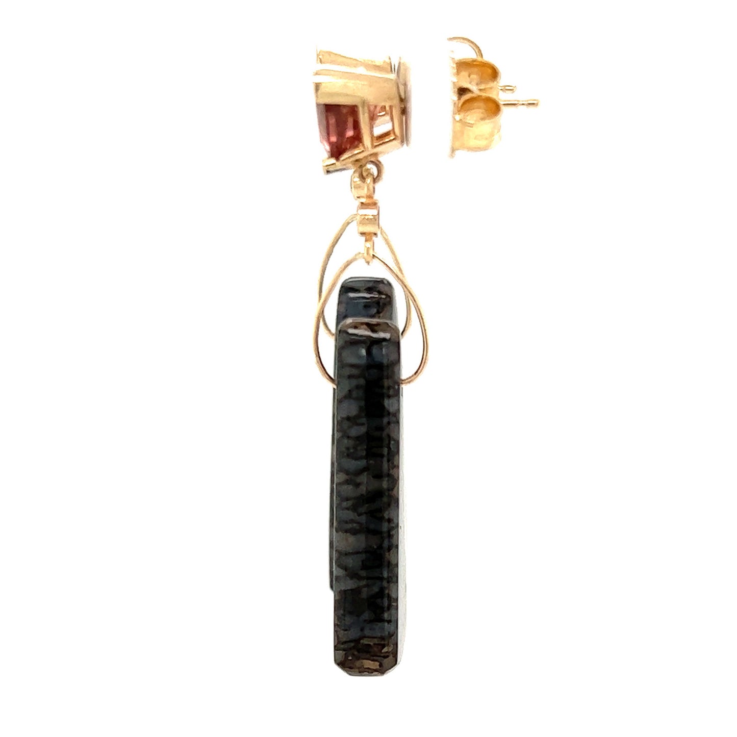Sunstone, Dinosaur Bone, and Diamond Gold Earrings (custom order)
