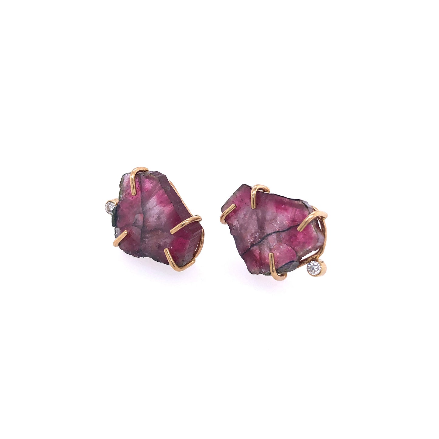 Tourmaline Slice and Diamond Gold Stud Earrings