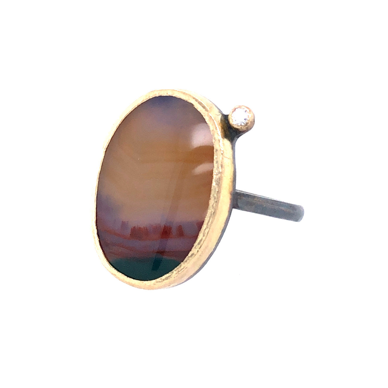 Sunset Landscape Agate and Diamond Gold Ring