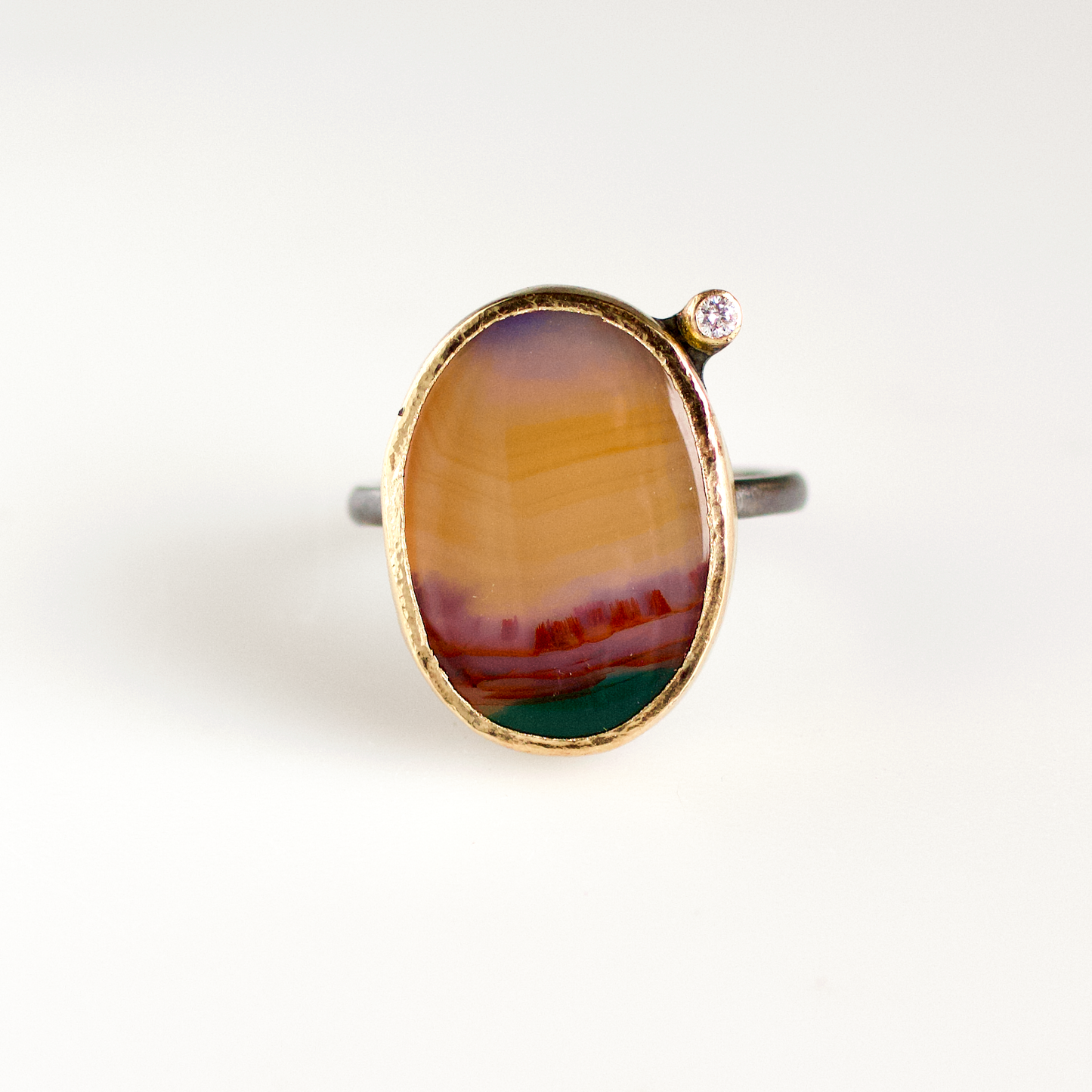 Sunset Landscape Agate and Diamond Gold Ring