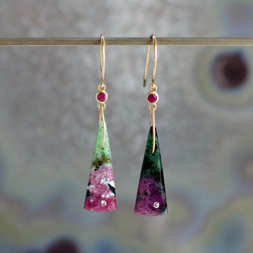 Ruby in Zoisite, Ruby, and Diamond Gold Triangle Earrings