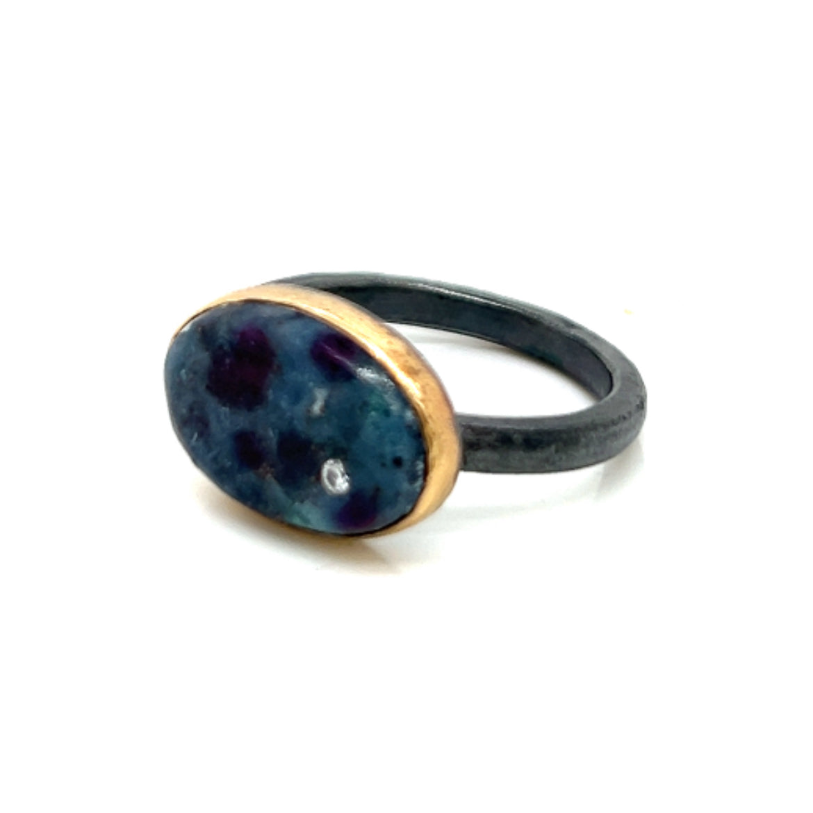 Ruby and Kyanite and Diamond Elliptical Orbit Gold Ring