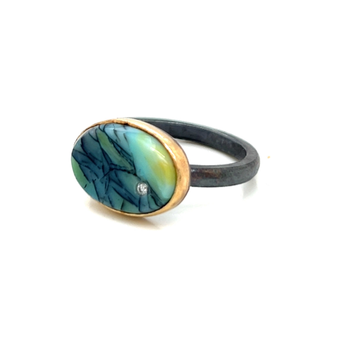 Minty Green Opalized Wood and Diamond Oval Gold Ring