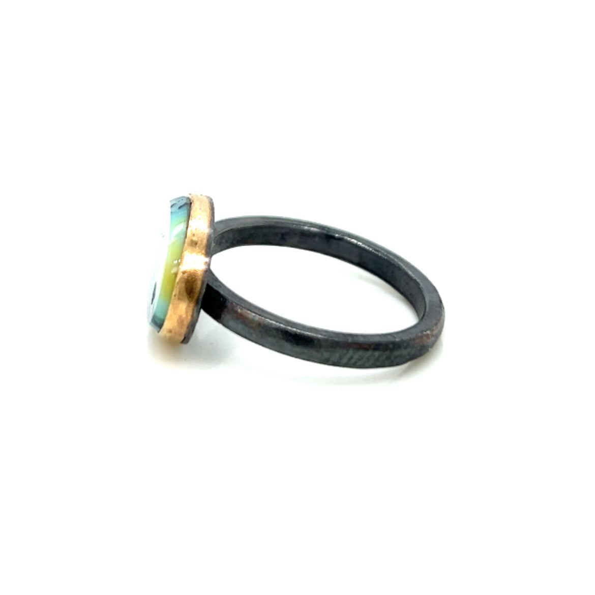 Minty Green Opalized Wood and Diamond Elliptical Orbit Gold Ring