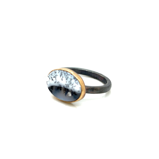 Dendritic Opal Agate and Diamond Oval Gold Ring