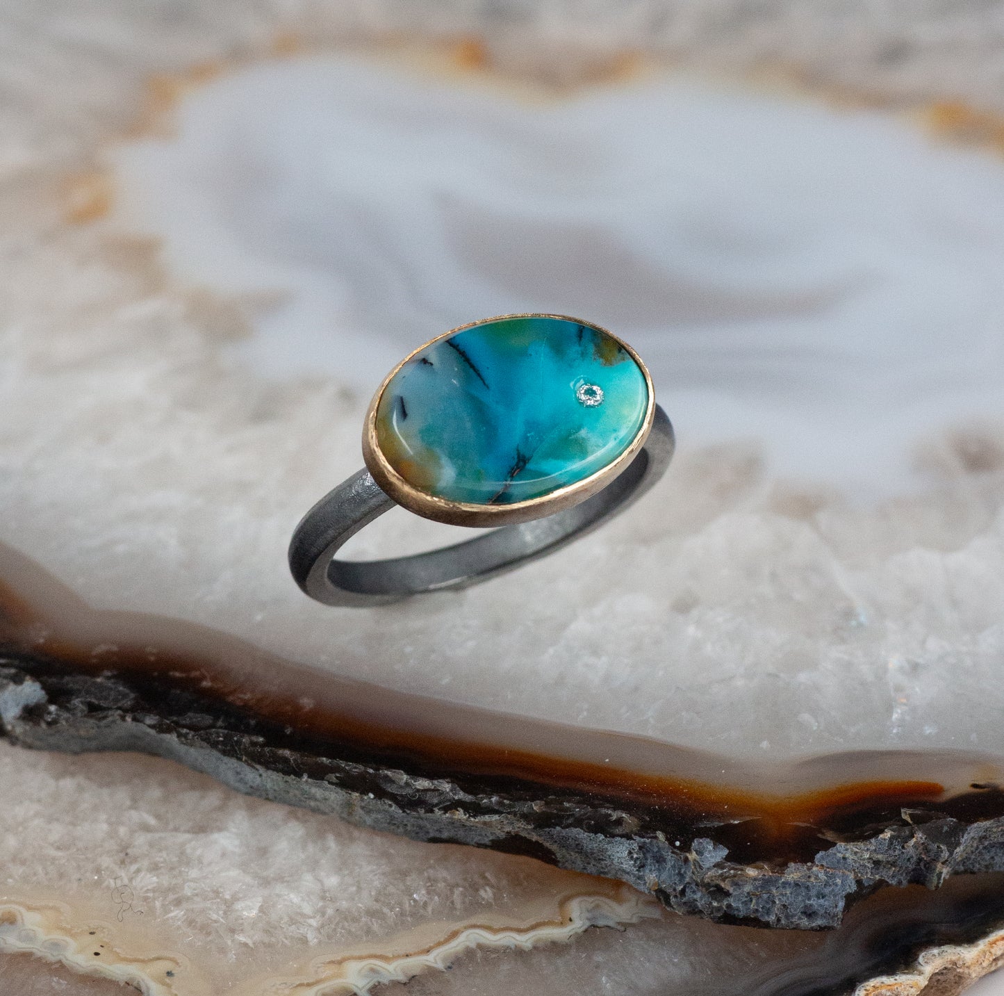 Opalized Wood and Diamond Elliptical Orbit Gold Ring