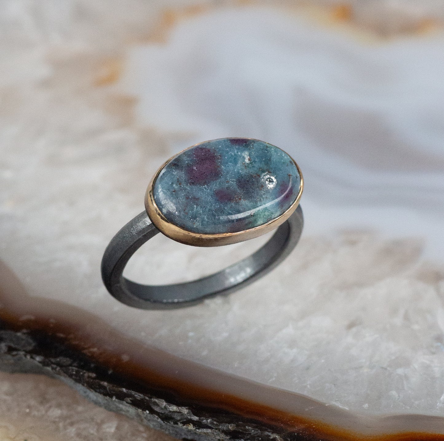 Ruby and Kyanite and Diamond Elliptical Orbit Gold Ring