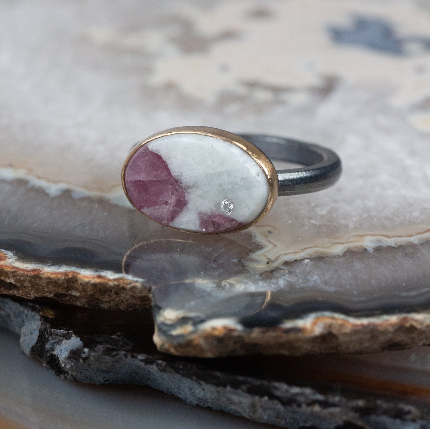 Pink Tourmaline in Quartz and Diamond Oval Gold Ring