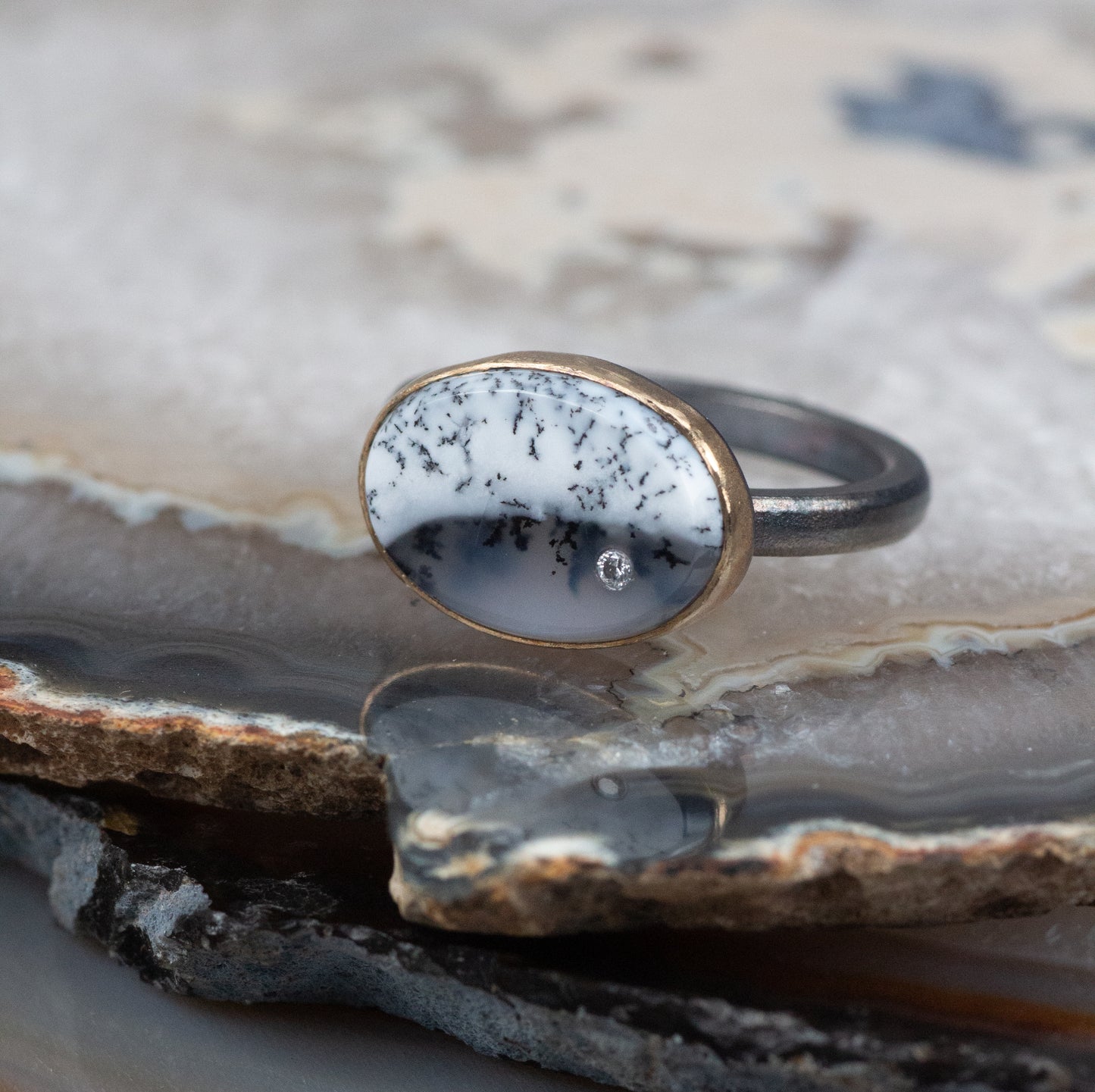 Dendritic Opal Agate and Diamond Oval Gold Ring