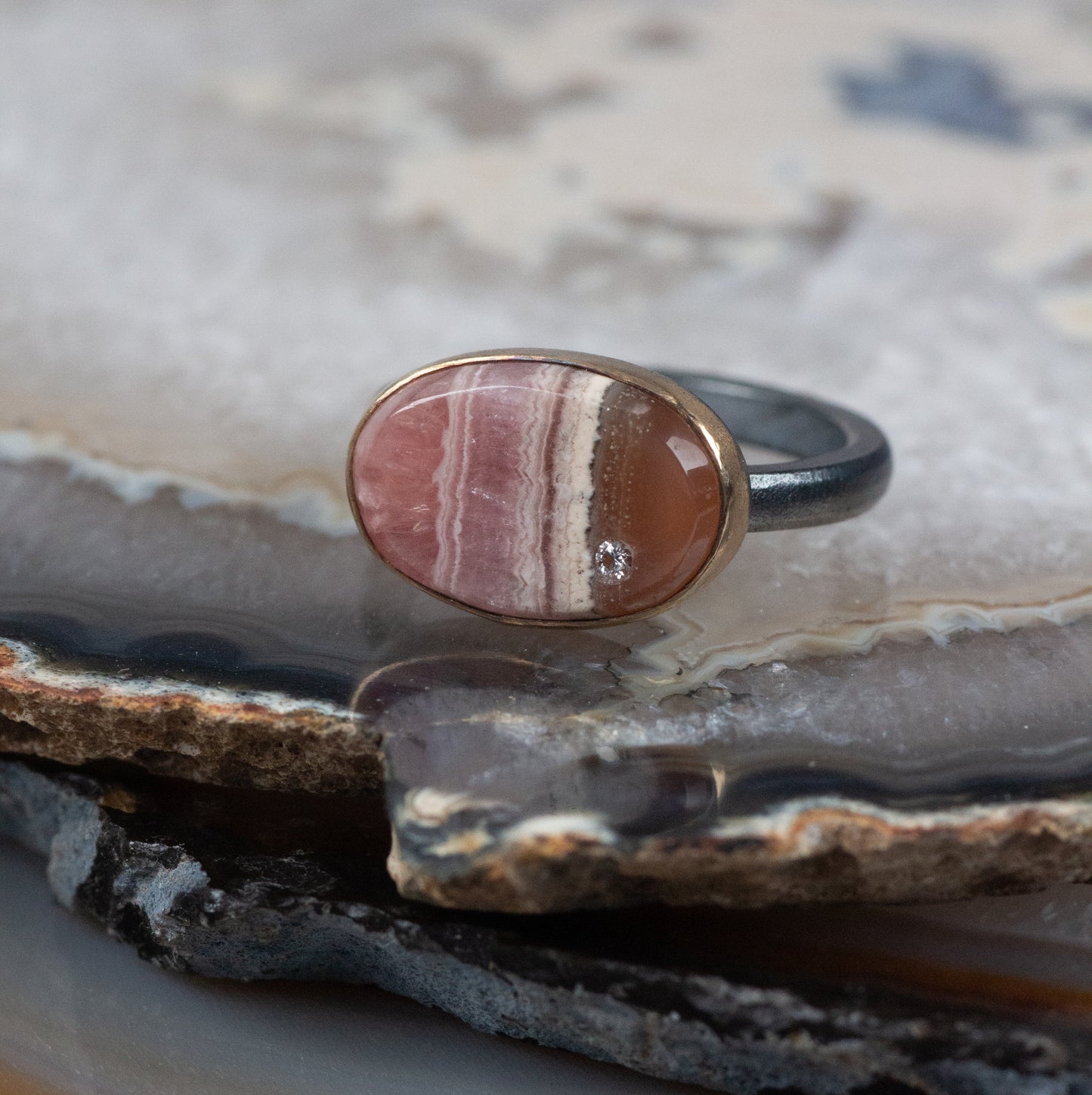 Rhodochrosite and Diamond Elliptical Orbit Gold Ring