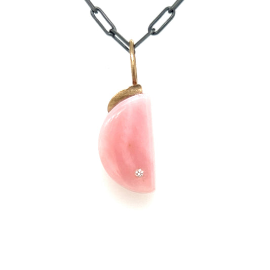 Pink Opal and Diamond Gold Moon Pendant