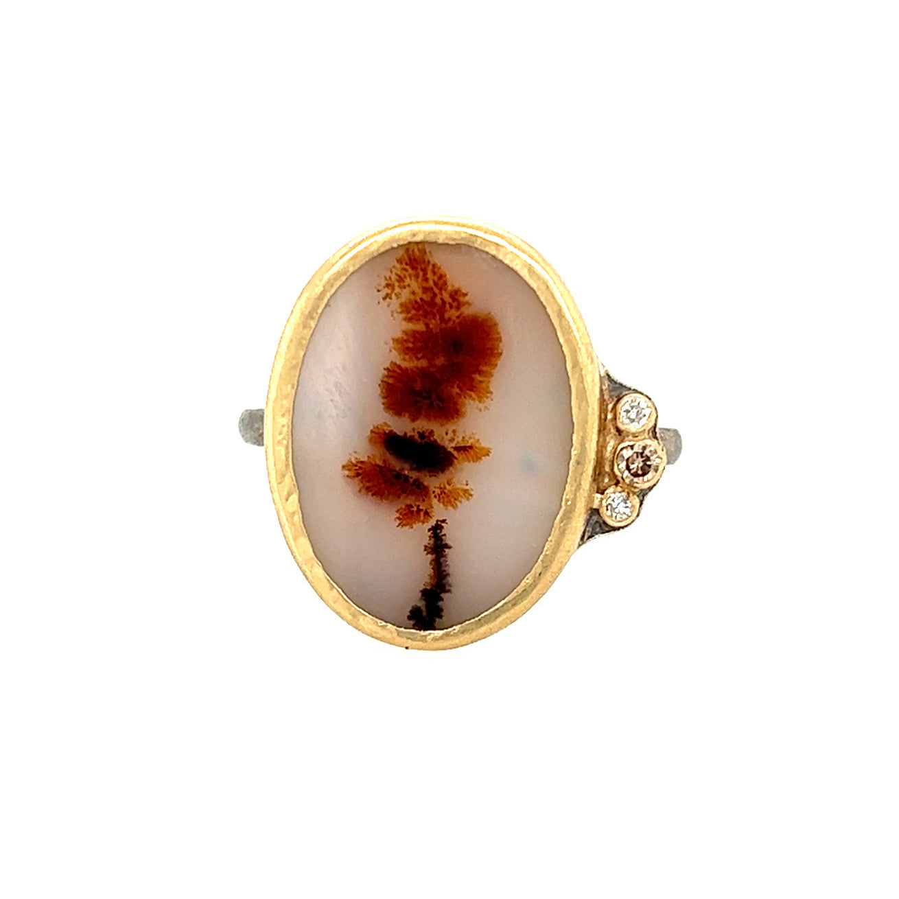 Dendritic Agate Flower and Diamonds Gold Ring