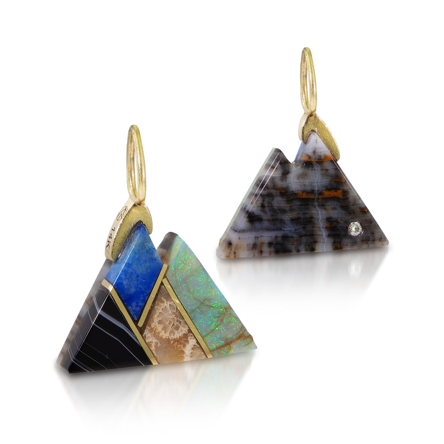 Two Sided Grey Petrified Wood Intarsia Gold Mountain Charm