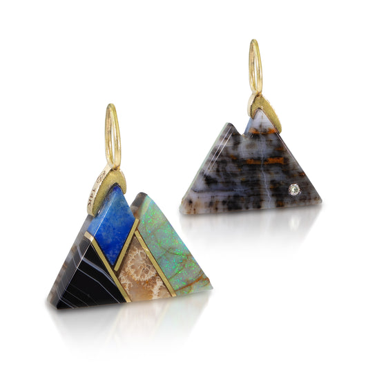 Two Sided Grey Petrified Wood Intarsia Gold Mountain Charm