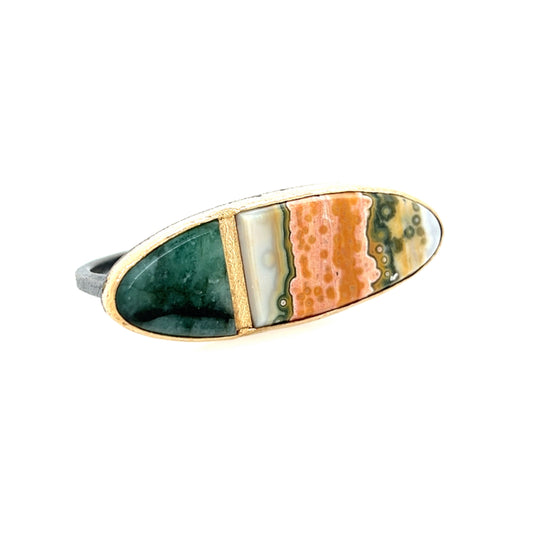 Emerald and Ocean Jasper Gold Inlay Two-finger Ring