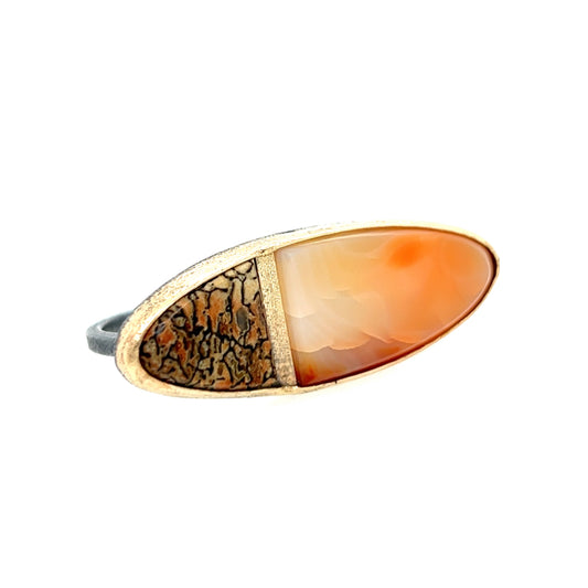 Dinosaur Bone and Carnelian Gold Inlay Two-finger Ring