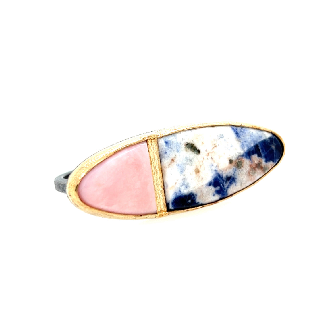 Pink Opal and Sodalite Gold Inlay Two-finger Ring