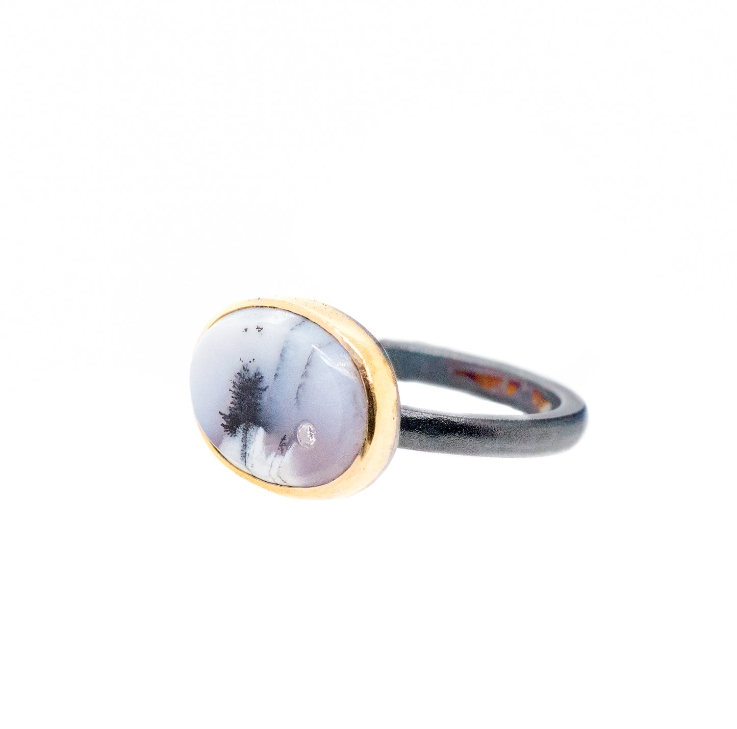 dendritic agate and diamond gold ring