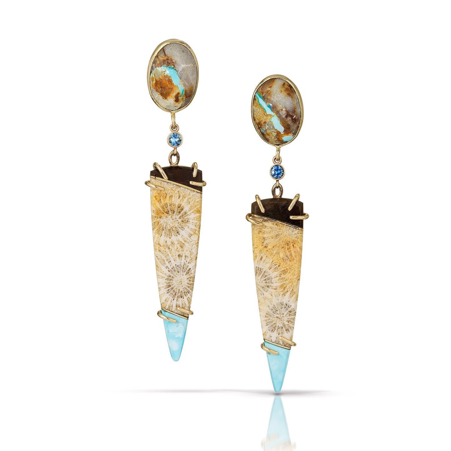 Turquoise, Fossilized Coral, Petrified Wood, and Montana Sapphire Gold Intarsia Earrings
