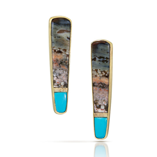 Ocean Jasper, Turquoise, and Diamond Gold Inlay Earrings
