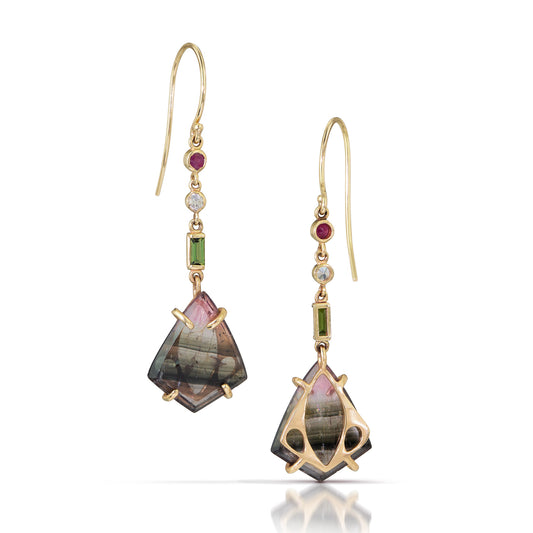 Tourmaline, Ruby, and White Sapphire Gold Earrings