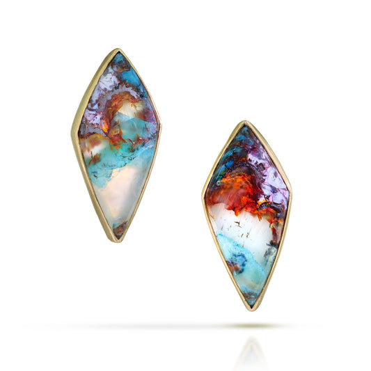 Copper in Chrysocolla, Pearls, and Diamond Gold Stud Earrings