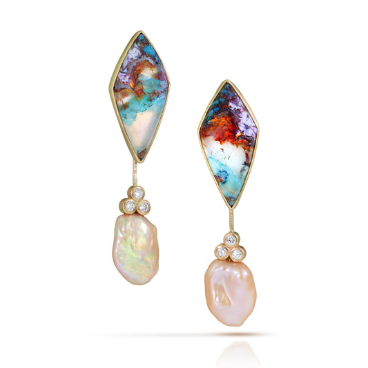 Copper in Chrysocolla, Pearls, and Diamond Gold Stud Earrings