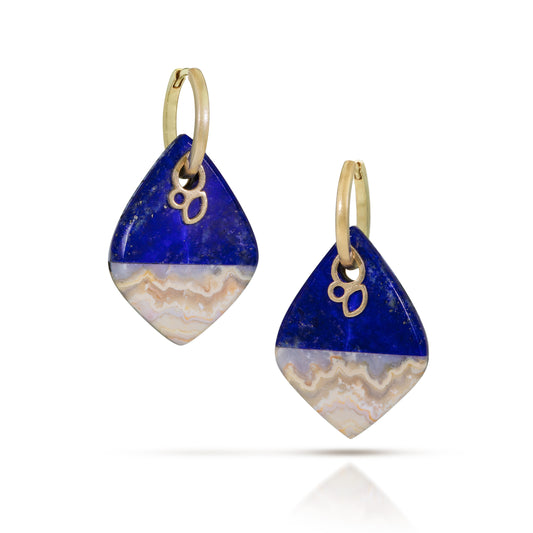 Lapis and Dendritic Agate Reversible Intarsia Gold Hoop Earrings