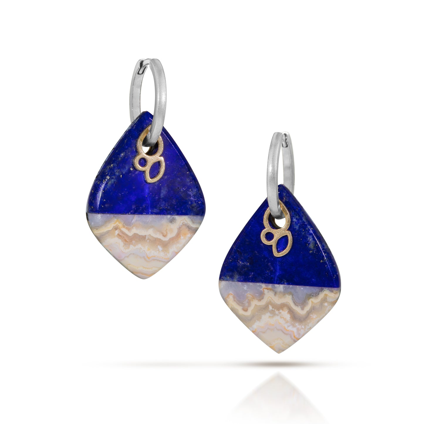 Lapis and Dendritic Agate Reversible Intarsia Gold Hoop Earrings