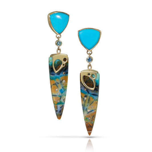 opalized wood sapphire turquoise diamonds gold earrings
