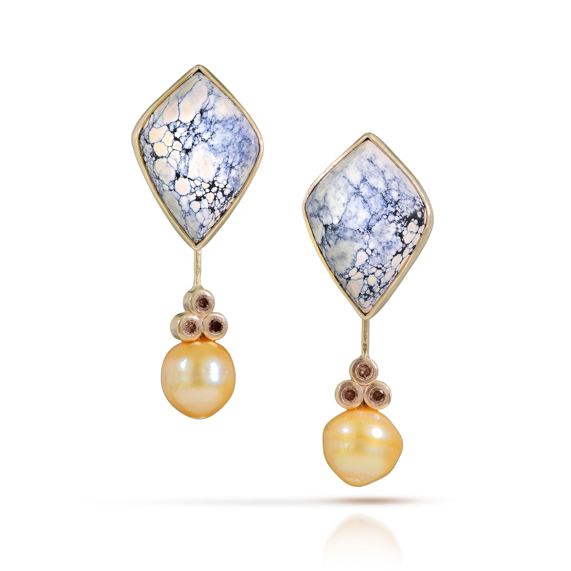 Variscite, Pearls, and Diamond Gold Stud Earrings