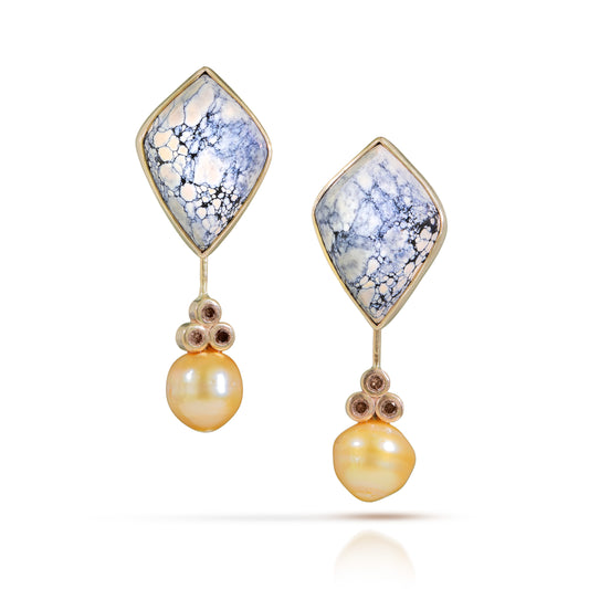 Variscite, Pearls, and Diamond Gold Stud Earrings