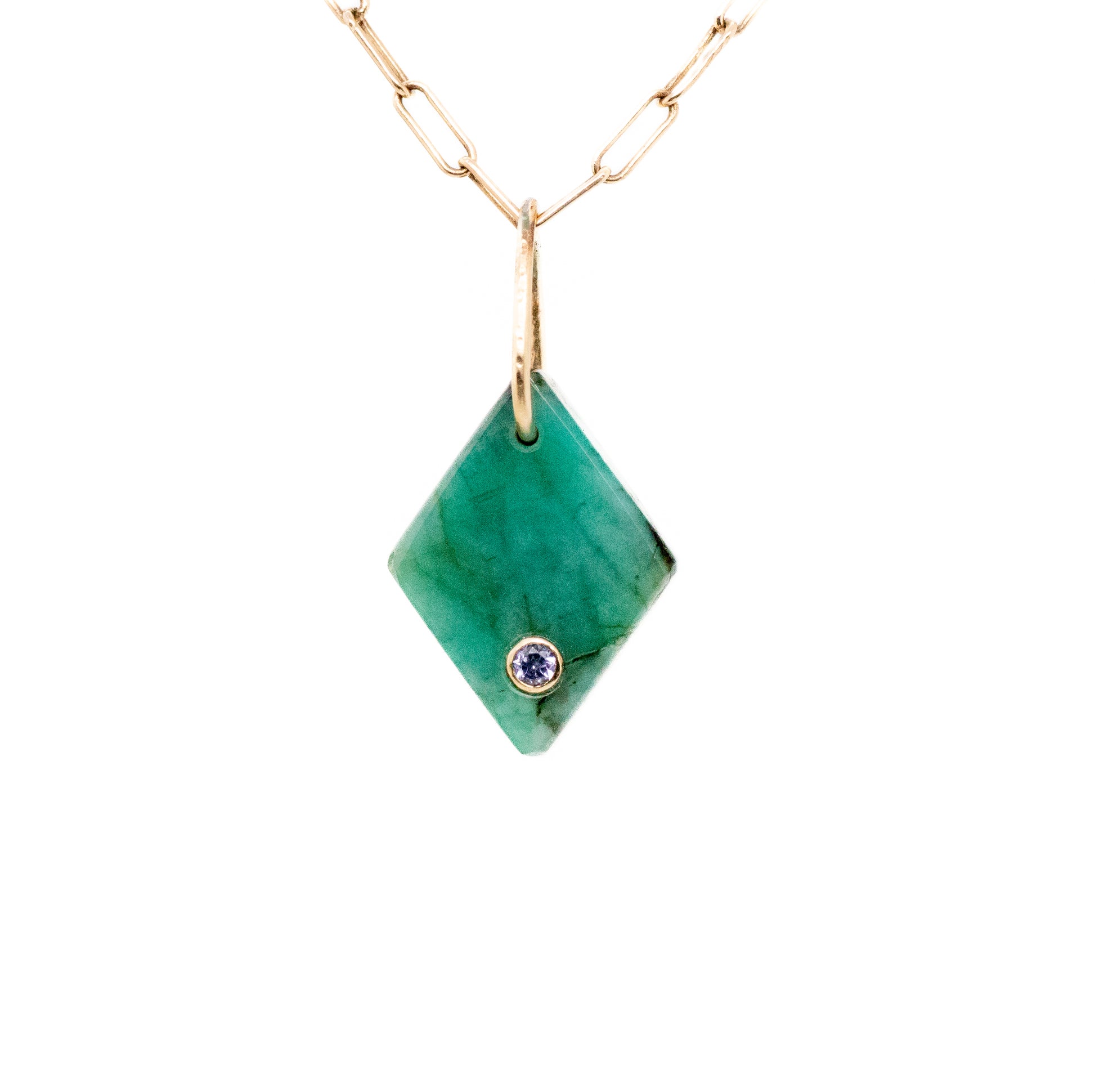 Emerald and tanzanite gold diamond charm