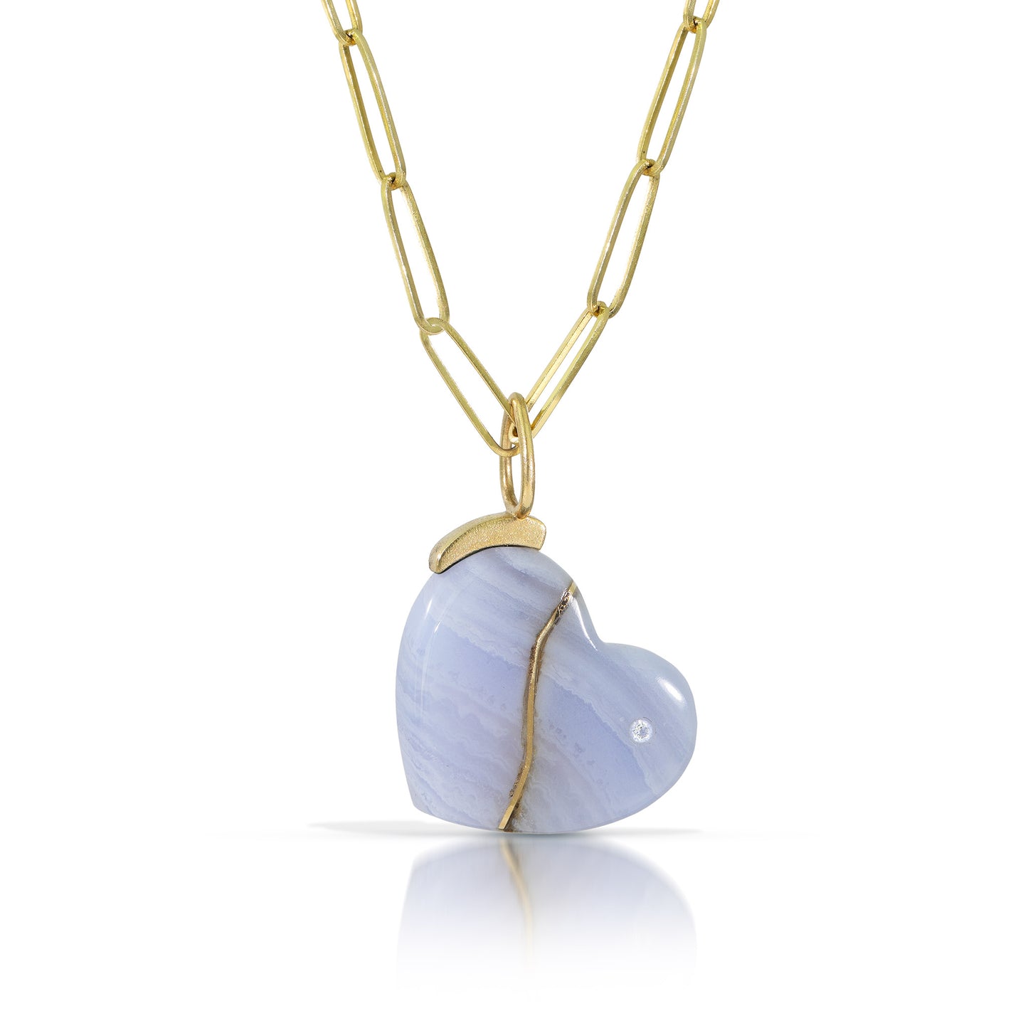Blue Lace Agate and Diamond Gold Kintsugi Heart Pendant