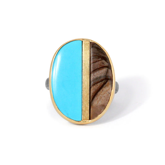 Turquoise and Biggs Jasper Gold Inlay Ring