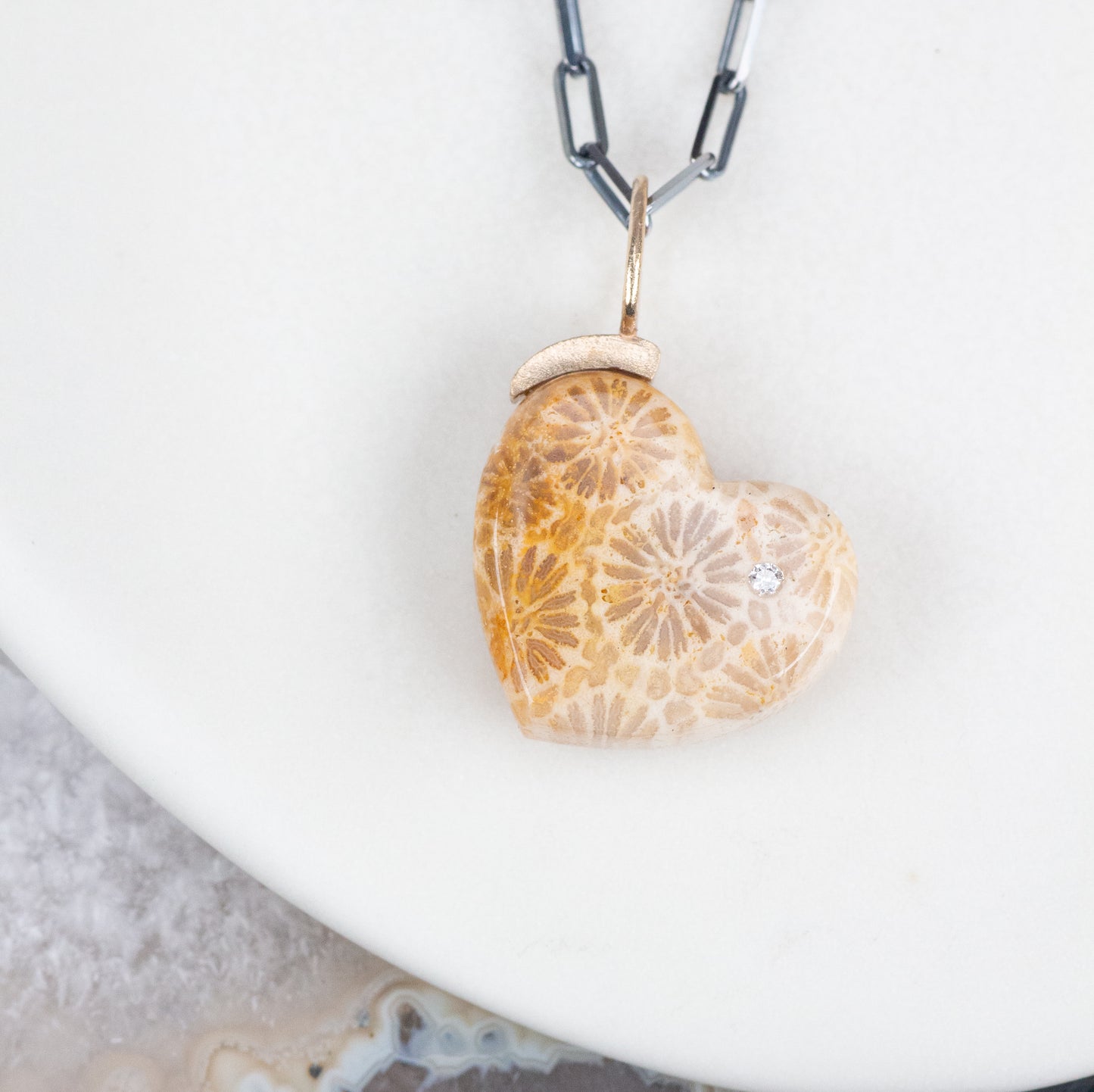 Fossilized Coral and Diamond Gold Heart Charm